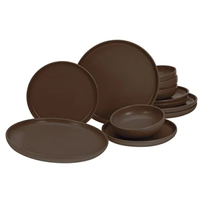 Afbeelding van CreaTable, 23659, serie Uno bruin, 12 delige serviesset, bordenset van aardewerk, vaatwasser en magnetronbestendig, Made in Portugal