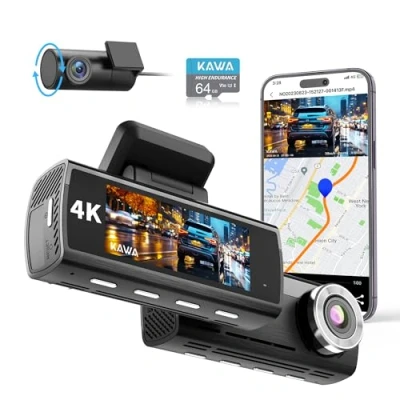 Afbeelding van KAWA True 4K dashcam voor de auto, met 64 GB SD kaart, 2160P wifi en achter, ingebouwde GPS, 3,16 inch IPS scherm, startlicht, nachtzicht loop opname, noodopname, 24 uur parkeermodus, D8