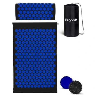 Afbeelding van LifeGoods Acupressuur Mat met Kussen, 2x Triggerpoint Massage Ballen en Draagtas Spijkermat voor Ontspanning Pijnverlichting Acupunctuur Set Lotus Shakti Zwart &amp; Blauw