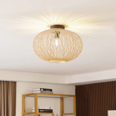 Afbeelding van Lindby plafondlamp 1licht bamboe, ijzer, kunststof H: 29.5 cm E27 natuur zwart