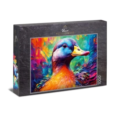 Afbeelding van Ulmer Puzzleschmiede 1000 delen eendenpuzzel quck glinsterend portret van de eend tegen abstracte achtergrond vogelpuzzel met kwaliteit Made in Germany