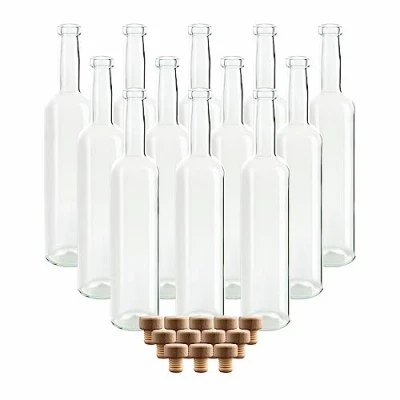 Afbeelding van gouveo set van 12 glazen flessen 500 ml Bordeaux transparant met kurken (HGK) lege fles 0,5 l voor vulling likeur, schnaps, olie, azijn