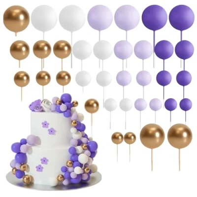 Afbeelding van 36 stuks baltaarttoppers mini ballontaartdecoraties, schuimbal taartplectrums, bolvormige cupcaketoppers, doe het zelf taarttoppers voor bruiloft, verjaardagsfeest, taartdecoraties (paars)
