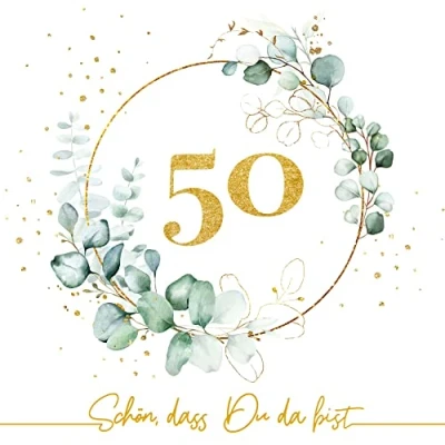 Afbeelding van 20 servetten gouden 50 rond eucalyptus wit bruiloft verjaardag jubileum Mooi dass Du da bist spreuk knutselen decoupage servettentechniek tafeldecoratie 33x33cm