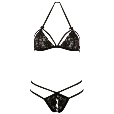 Afbeelding van Cottelli Collection Kanten set erotische prikkelende lingerie voor vrouwen, neckholder beha met klepcups en open string, zwart