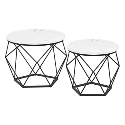 Afbeelding van VASAGLE Ronde salontafels, set van 2 bijzettafels, moderne stijl, afneembaar tafelblad, stalen frame, voor woonkamer, wit en zwart, LET040B59