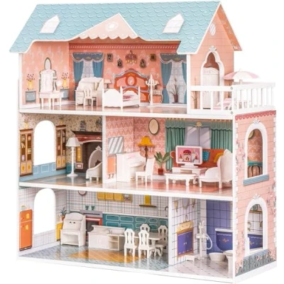 Afbeelding van ROBUD Houten poppenhuis met accessoires en meubels voor kleine meisjes speelgoed cadeau 3 4 5 6 jaar oude kinderen