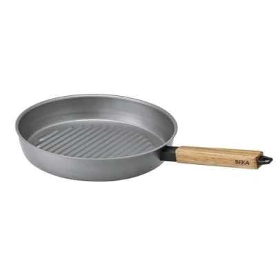Afbeelding van Beka Carbon staal grillpan inductie en barbecue, ijzeren pan 28 cm, met hittebestendige handgreep van hout, zonder deksel, rond, natuurlijk gecoat, Nomad collectie