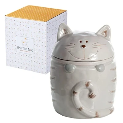 Afbeelding van SPOTTED DOG GIFT COMPANY Keramische Voorraadpot met Deksel, Schattige Keuken Opbergpot Kattenmotief, Leuke Keukenaccessoires en Cadeaus voor Kattenliefhebbers, Grijs 500ml