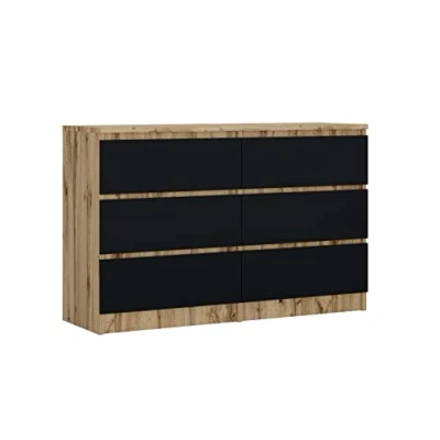 Afbeelding van Ladekast met 6 laden, dressoir eiken Wotan &amp; zwart, L: 120 cm H: 79 D: 39 cm, kledingkast voor slaapkamers en kinderen, woonkamer, commode slaapkamer, opbergmeubel, slaapkamer