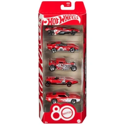 Afbeelding van Hot Wheels Speelgoedauto&#039;s, 5 pack speelgoedauto&#039;s op schaal 1:64 met verzamelbare decoratie en verpakking, Core Mattel 80e verjaardag, set van voertuigen, JGK08