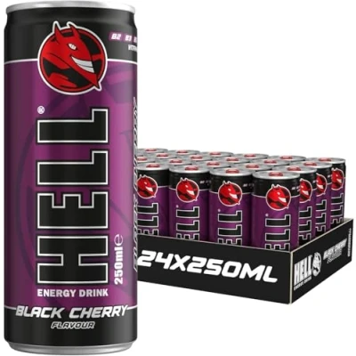 Afbeelding van HELL BLACK CHERRY Energy Drink 32 mg/100 ml cafeïne vitamine B3, B5, B6, B12 zonder conserveringsmiddelen milieuvriendelijke verpakking 24 x 250 compatibel met