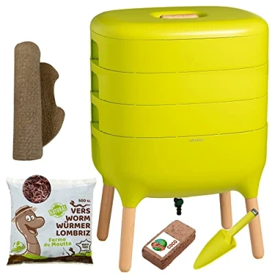 Afbeelding van Moutta Urbalive 3 bakjes Groen, Complete Kit I Wormenbak Design 250gr Compostwormen Startersubstraat Hennepmat + Schep Binnen, balkon en tuin
