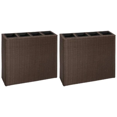 Afbeelding van Plantenbak verhoogd met 4 potten 2 st poly rattan bruin