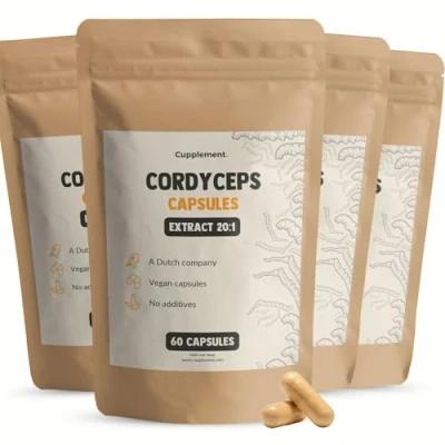 Afbeelding van Cupplement 4 Zakken Cordyceps Extract Capsules 60 Stuks 20:1 Inclusief Pillendoos Biologisch 400 MG Per Capsule Geen Poeder Supplement Superfood Mushroom Paddenstoel Militaris, Sinensis Foodsporen