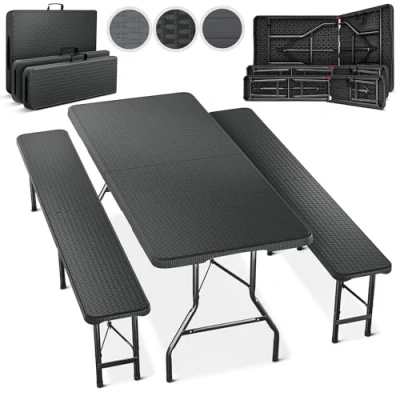 Afbeelding van Blumtal Opvouwbare Picknicktafel Biertafel met banken Vouwtafel 8 personen Campingtafel set Antraciet Rattan look