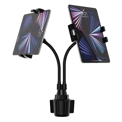 Afbeelding van Auto Bekerhouder Tablethouder Dubbele, woleyi Dual Car Cup Tablet Holder Mount met Lange Arm Zwanenhals [360 Rotatie] voor iPad Pro Air Mini, Galaxy Tabs, iPhone, 4 12.9&quot; Telefoon &amp; Tablets