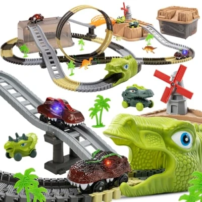 Afbeelding van TUMAMA Dinosaurus autoracebaan, speelgoedset, 255 stuks, dino, kinderspeelgoed vanaf 3, 4, 5, 6 jaar, autosnelweg, trein met 2 auto&#039;s, elektrische 360 looping racebaan, spoorweg,