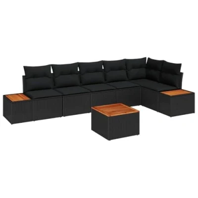 Afbeelding van vidaXL 7 delige tuinset met kussens zwart poly rattan