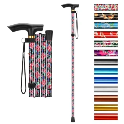 Afbeelding van supregear Opvouwbare Wandelstok, Wandelstok met 5 Niveaus Verstelbaar Hoogte Lichtgewicht Draagbare Polsband en T handvat voor Oudere Gehandicapte Mannen Vrouwen, Scharlaken Rood