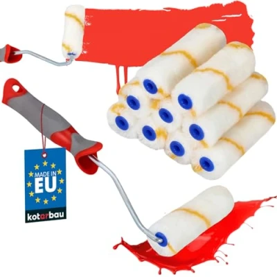 Afbeelding van KOTARBAU® Set van 10 verfrollers met gele draad, 115 mm rubberen handgreep, penseel, verfroller, rollerkwast voor verfwerkzaamheden en renovatie