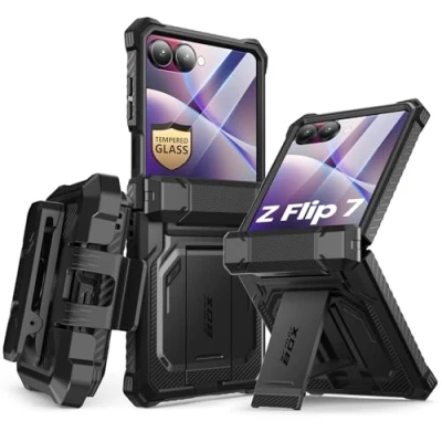 Afbeelding van i Blason Hoesje voor Samsung Galaxy Z Flip 7 met Opvouwbare Standaard [Gehard Glazen Schermbeschermer] [Scharnierbescherming] [Riemclip] Armorbox Military Grade Full Body Case 7, Zwart