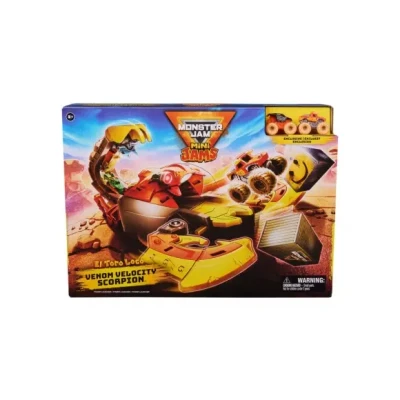 Afbeelding van Monster Jam Mini Jams Venom Velocity Scorpion speelset met unieke metalen El Toro Loco&#039;s en Max D monsterjamtrucks schaal 1:87