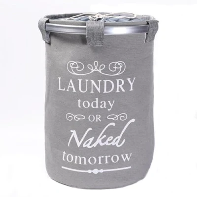 Afbeelding van Ronde Wasmand met Tekst LAUNDRY TODAY OR NAKED TOMORROW voor al uw