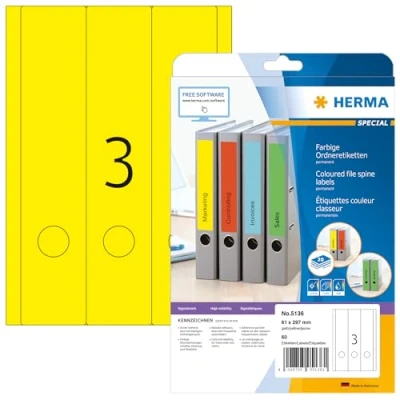 Afbeelding van HERMA 5136 A4 ras/lang (61 x 297 mm, 20 velles, papier, mat) zelfklevend, bedrukbaar, permanente klevende mapetikettes, 60 etiketten voor printer, geel
