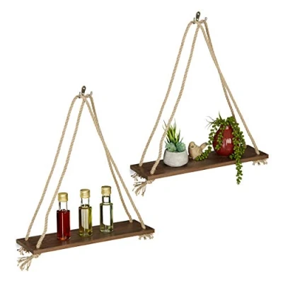 Afbeelding van Relaxdays wandplank hout set van 2 stuks met touw wandrek rustiek wandboard