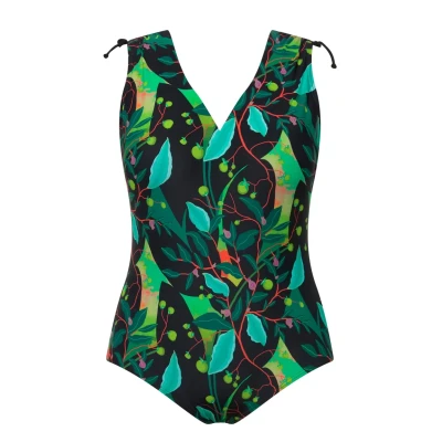 Afbeelding van Ulla Popken Colorful LEAF Print ONE Piece Badpak, Dames, Maat: 42, Black