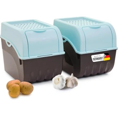 Afbeelding van Novaliv Aardappelopbergdoos, groot, 9 liter, turquoise, aardappelbox, stapelbaar, uienbox, aardappelmand, fruitcontainer, aardappelkist, uien, opslag, vershouddoos wortelen, 2 stuks