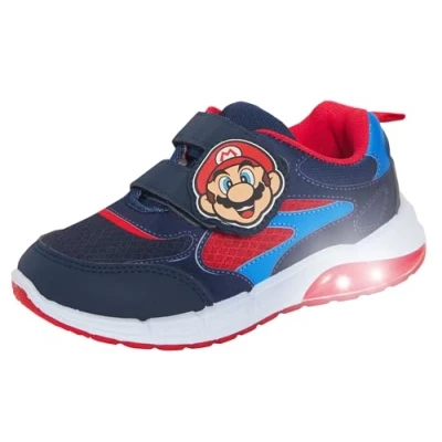 Afbeelding van Super Mario Brothers Jongens Light Up Trainers Kids Nintendo Flashing Lights Sportschoenen, Blauw Rood Wit, 11 UK Child