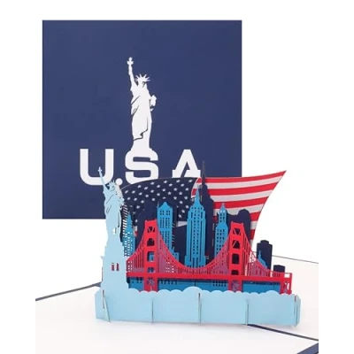 Afbeelding van Pop up kaart &quot;U.S.A. Stars &amp; Stripes&quot; 3D wenskaart als souvenir, verjaardagskaart, reisvoucher, uitnodiging voor stedentrip New York en vakantie in de VS