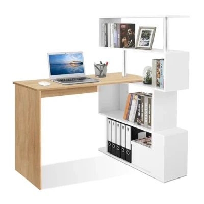 Afbeelding van Meerveil Computertafel, L vormig, hoekbureau, met 360 graden draaibare boekenkast voor werkkamer, woonkamer, kantoor, 157 x 45 130,5 cm, eiken (tafelblad) en wit (rek)