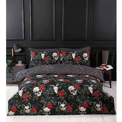 Afbeelding van Rapport Home Zwarte dekbedovertrekset met schedels en rozen, Halloween thema microvezel eenpersoons beddengoedset