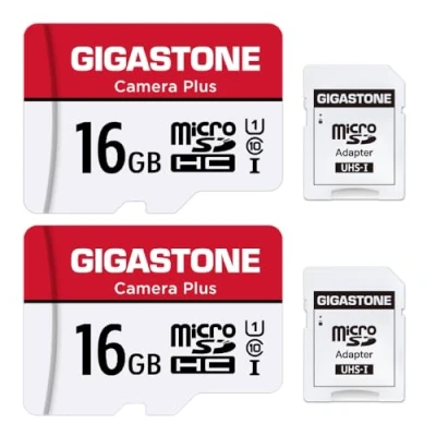 Afbeelding van Gigastone Geheugenkaart 16 GB set van 2 kaarten, camera plus serie, snelheid tot 85 MB/s. Ideaal voor Full HD video Gopro drone camera, U1 C10 Micro SDHC kaart met mini hoes en SD adapter.