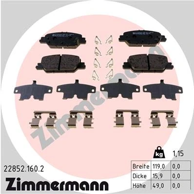 Afbeelding van ZIMMERMANN 22852.160.2 Remblokkenset met akoestische slijtagewaarschuwing Foto komt overeen de leveringsomvang, geleideplaat HONDA: CR V 5