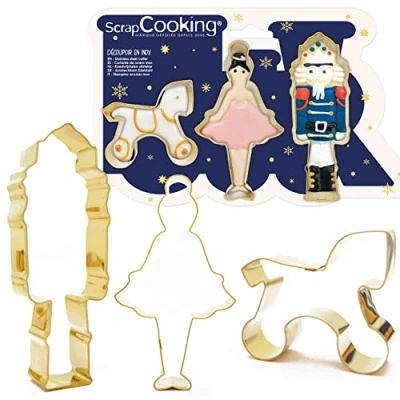 Afbeelding van ScrapCooking 3 uitsteekvormen voor notenkraker van roestvrij staal verguld notenkraker, danseres &amp; paard vormen kleine cake accessoires gebak Kerstmis verjaardag decoratie 2087