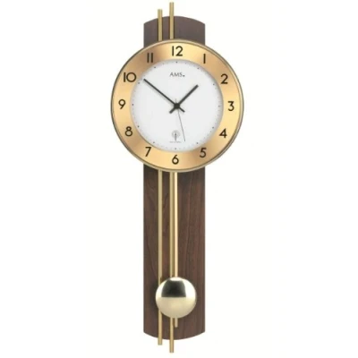 Afbeelding van Hangklok AMS 5266 / 1 wandklok met slinger radio, houten achterwand walnoot gefineerd, messing staven