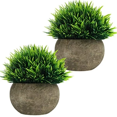 Afbeelding van Belle Vous Mini Artificiële Pot Planten (2 Pak) Nep Groene Gras Bosjes met Grijze Kleine Faux Plastic Binnen &amp; Buiten Huis Decor, Kantoor Badkamer Aankleding Decoratie