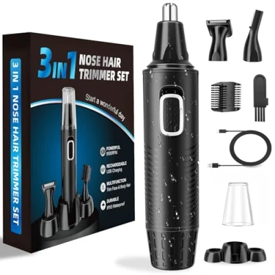 Afbeelding van Neushaartrimmer, USB oplaadbaar, 3 in 1 set, oortondeuse met dubbele snijbladen, professionele pijnloze wenkbrauwen en esichthaartrimmer voor mannen vrouwen