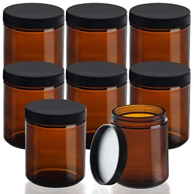 Afbeelding van Belle Vous Ronde Amberkleurige Glazen Potten (8 Stuks) 240 ml Lege Hervulbare met Zwarte Schroefdeksels Pot voor Cosmetische Opslag, Lotion, Gezichtscrème, Essentiële olie, Zalf &amp; Make up