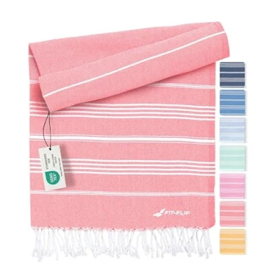 Afbeelding van Fit Flip Hamamdoek Strandhanddoek XXL van 100% gerecycled katoen sneldrogend strandlaken, fouta, pestemal Turkse handdoek ideaal als hamam saunahanddoek en sarong Koraal 100x200cm Sultan