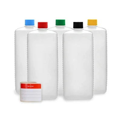 Afbeelding van 5x 1000 ml Octopus plastic flessen, HDPE flessen met gekleurde schroefdoppen, lege vierkante incl. etiketten