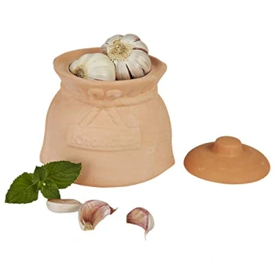 Afbeelding van MamboCat Knoflookpot, terracotta pot met deksel, grappige voorraaddoos, knoflookhouder, groentepan, kleicontainer in geschenkdoos, keuken, aardewerk, 15 x 10,5 14,5 cm
