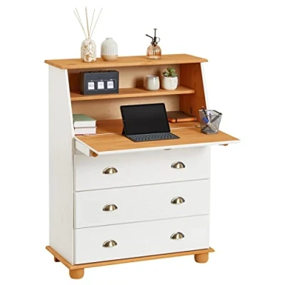 Afbeelding van IDIMEX Secretaire Gomes van massief grenen wit/bruin, mooie bureautafel met klep, praktische werktafel 2 vakken en 3 laden