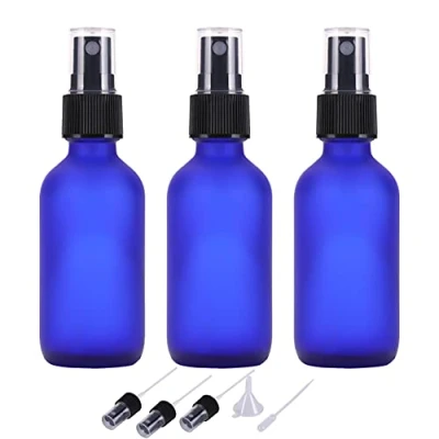 Afbeelding van LIYUABU 60 ml lege spuitfles van glas, mat blauw, navulbaar en herbruikbaar, voor etherische oliën, haar, parfum reiniging (verpakking 3)
