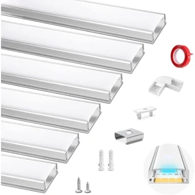 Afbeelding van LED Aluminium Kanaal, HOMMAND 6 x 1m profiel, Strip Kanaal en Diffuser, Profiel met Hoekverbinder, Plakband, Eindkappen, Montage Clips, U vorm 6m