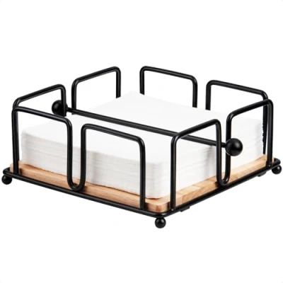 Afbeelding van MOLEDINO Papieren servet/servethouder met verzwaarde staaf, houten basis voor eettafel, metalen cocktailbar, servethouder, dispenser restaurant, eetkamer, buiten, barbecue, feest (zwart)